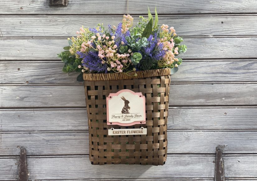 Hanging Bicycle Basket wreath Easter florals DIY inspiration with mini Bunny sign.
